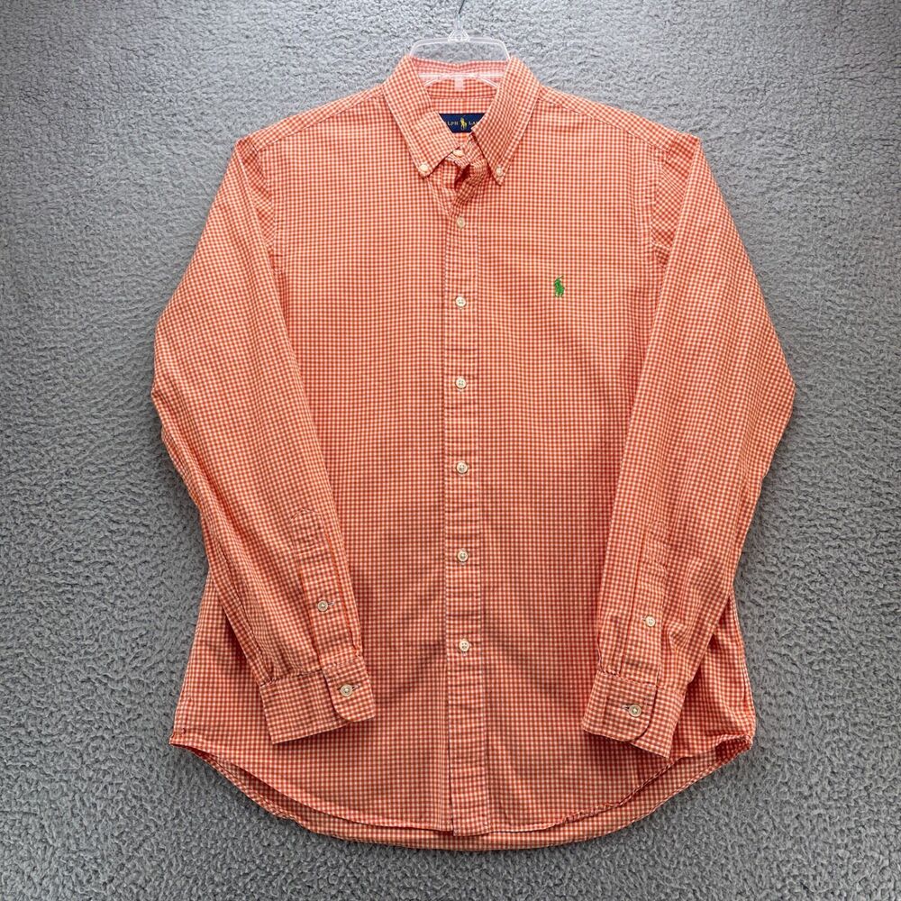Ralph Lauren Shirt Mens Medium Orange Gingham Plaid Green Pony Preppy
